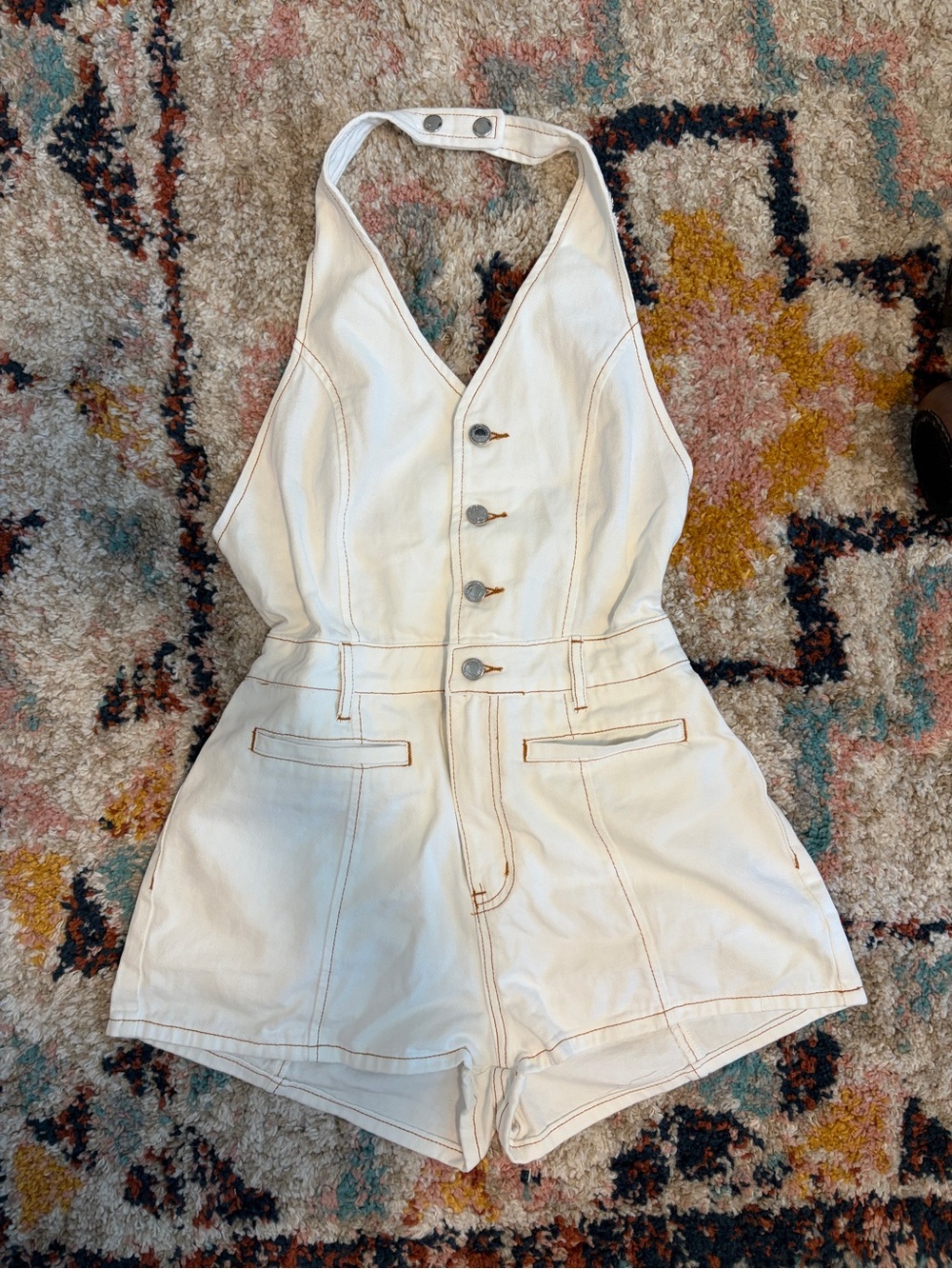 White Denim Halter Neck Button Front Romper Playsuit MISSGUIDED